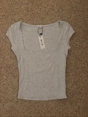 Garage Light Gray Square Neck Short Sleeve Top